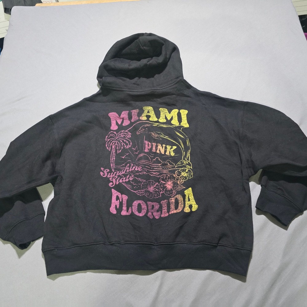 Pink Victoria's Secret Full Zip Hoodie womens Large Black Miami Florida Graphic